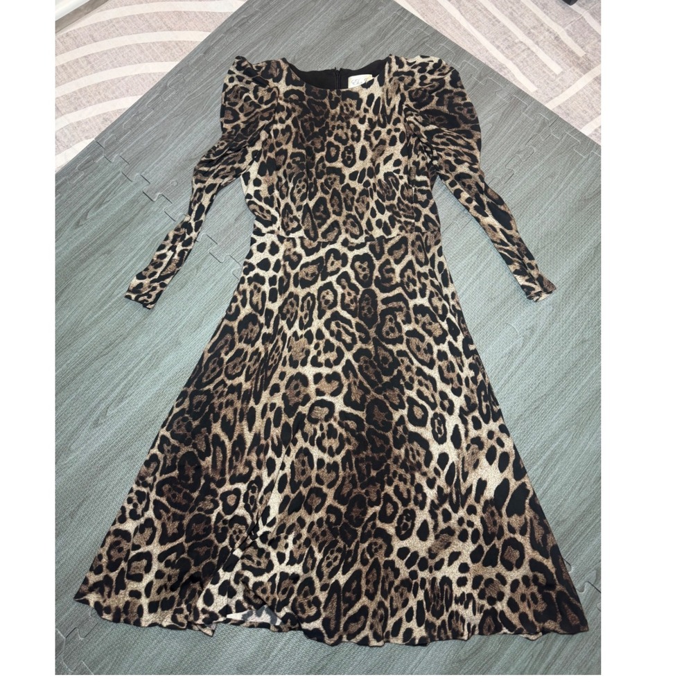 Eliza J Leopard Print Puff Shoulder Fit and Flare‎ Dress Brown Black 4P
